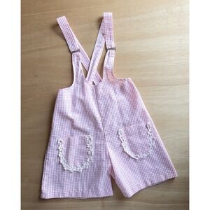 Knitwaves VTG Gingham Overalls Romper Floral Pockets Vintage Style‎ Small